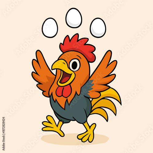 Happy Cartoon Rooster Juggling Three White Eggs on a Plain Background