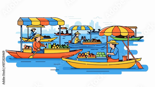 Busy floating market with colorful boats selling produce and people trading