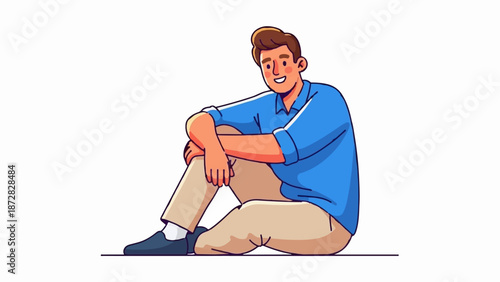 Animated man with brown hair wearing blue shirt and beige pants