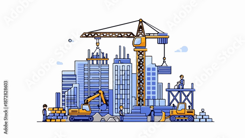 Busy urban construction scene with cranes, excavators, and workers building skyscrapers