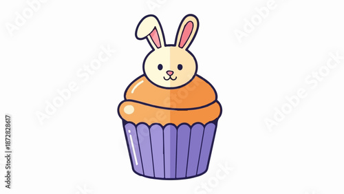 Adorable cartoon cupcake with bunny ears and cute face, featuring orange frosting and purple wrapper