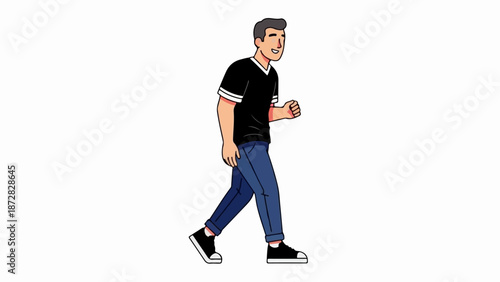 Animated person walking, dressed in casual black shirt, blue jeans, and sneakers