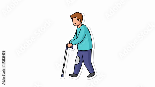 Animated person walking with a cane, on white background