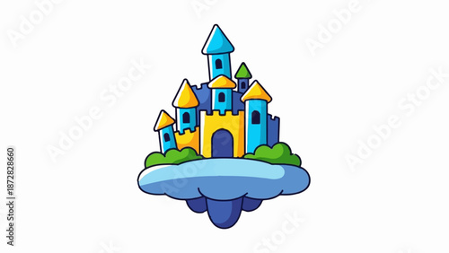 A whimsical cartoon castle floats on a fluffy cloud, surrounded by green bushes