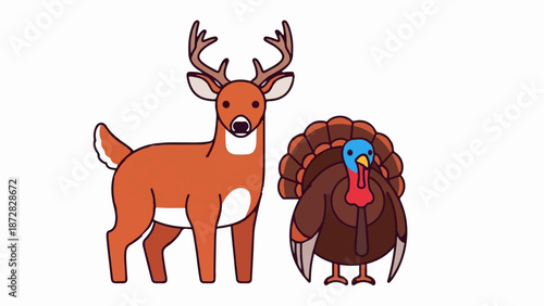 Adorable cartoon deer with antlers stands next to a plump turkey