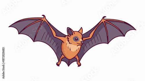 A whimsical cartoon bat with outstretched, purple wings and an orange body