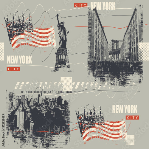 Vector banner with New York, Manhattan Bridge, Statue of Liberty, American flag, cityscape and buildings. USA illustration in grunge style. T-shirt design, tourist signboard, tourist postcard. Not AI