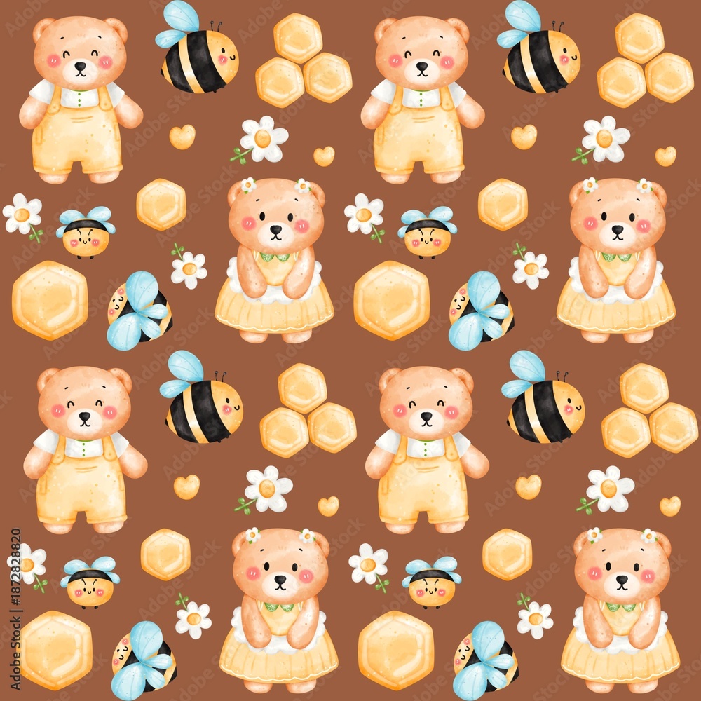 Fototapeta premium Honey Bee Daisy And Teddy Bear Pattern seamless 