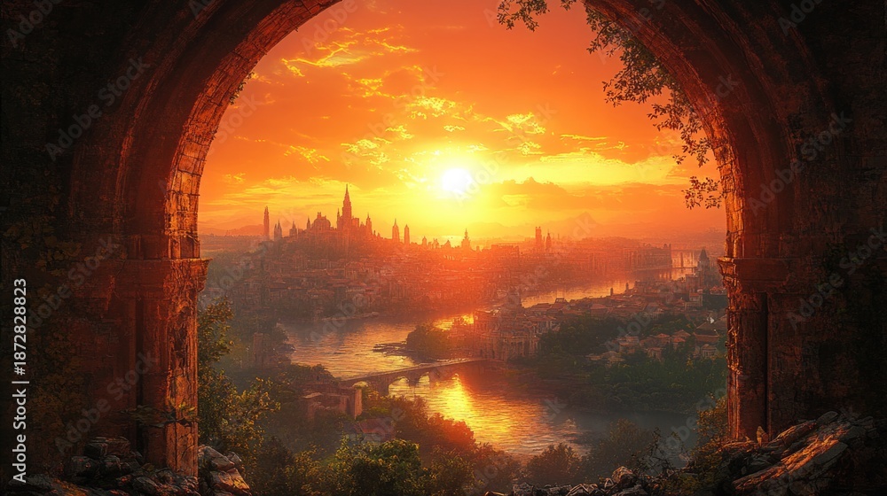 Obraz premium Medieval window frame overlooking a sunset city.
