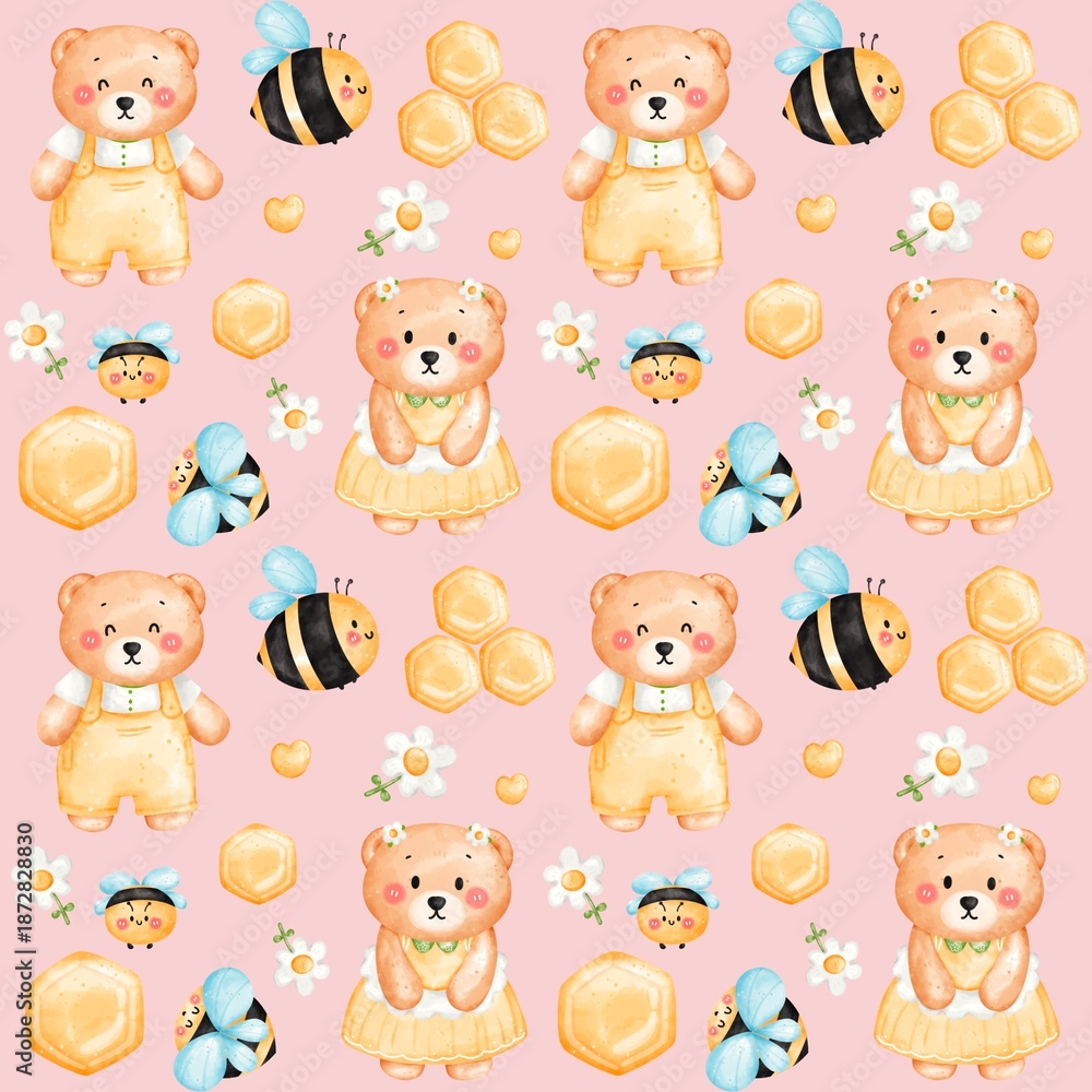 Fototapeta premium Honey Bee Daisy And Teddy Bear Pattern seamless 