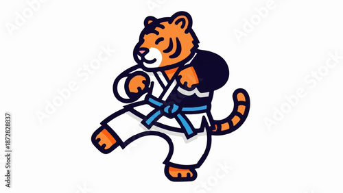 Animated tiger in martial arts gi, performing a dynamic kick with a blue belt