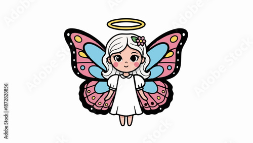 Adorable cartoon fairy with butterfly wings, a halo, and a flower