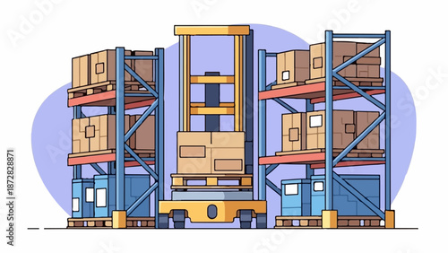 Animated warehouse interior with shelves stacked high with boxes and a forklift