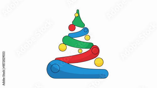 A whimsical, abstract Christmas tree constructed from colorful, curved segments