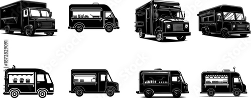 Food truck silhouettes and vector illustrations set, street food van collection