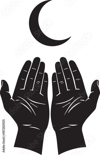 Black silhouette of open hands reaching towards a crescent moon