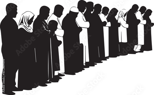Silhouettes of muslim men and boys praying together in a mosque