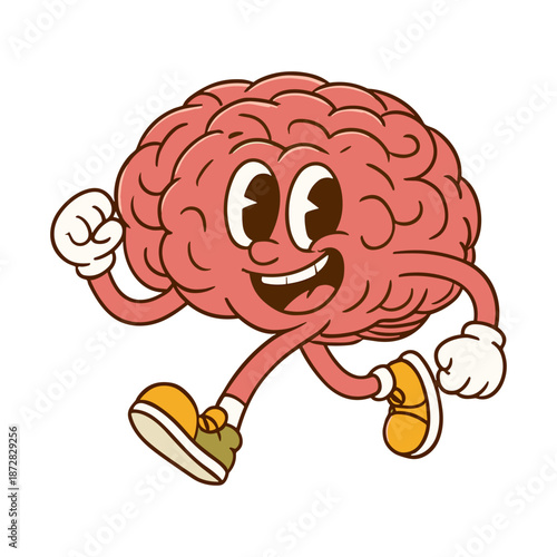 Vintage Style Running Brain Mascot Character with Joyful Expression