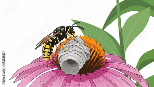 A wasp on a pink flower near its nest with green leaves in the background