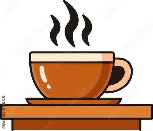 A warm, steaming cup of brown liquid sits on a small saucer atop a wooden surface