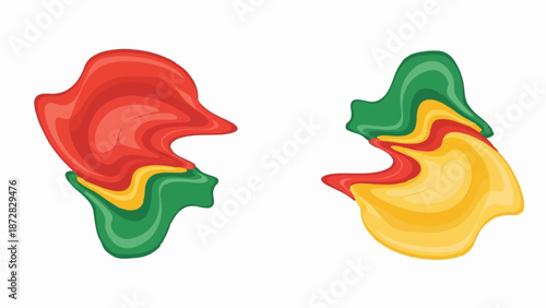 Abstract red, yellow, and green organic shapes flow and blend on a white background
