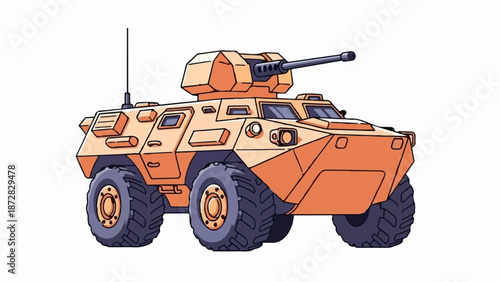 Armored vehicle with mounted cannon and antenna, rugged design