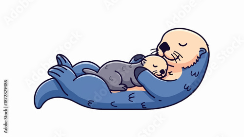 Adorable illustrated otters, a parent cradles its young pup while resting peacefully in the water
