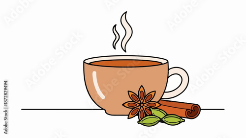 A warm cup of spiced tea, garnished with star anise, cinnamon, and cardamom pods