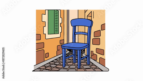 Blue chair sits on cobblestone alley beside brick walls with a green shuttered window