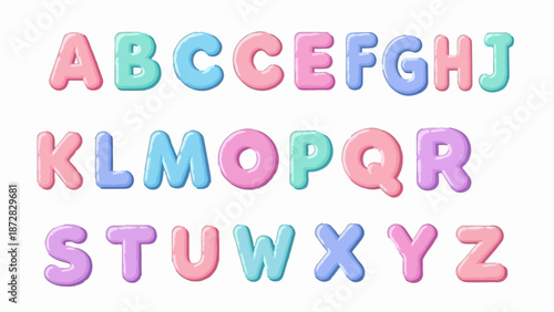 Adorable pastel alphabet letters, soft rounded design, presented on a white background