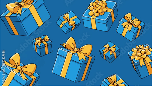 Blue gift boxes with yellow ribbons scattered on a dark blue background