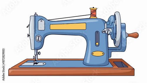 A vintage blue sewing machine with a spool of thread on a wooden base
