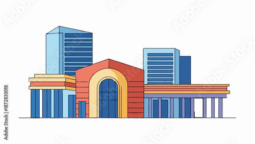 Abstract colorful building facades with modern towers and classical columns