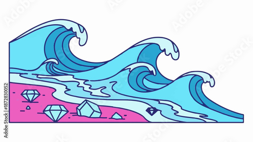 Blue ocean waves crash onto a pink shore scattered with blue diamonds