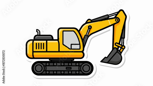 A vibrant yellow excavator with a powerful arm and bucket sits isolated on a white background