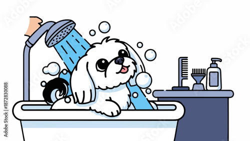 Adorable white dog getting a bath with bubbles, comb, and shampoo