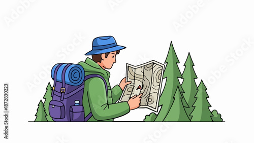 Adventurer in a green jacket and blue hat consults a map amidst pine trees