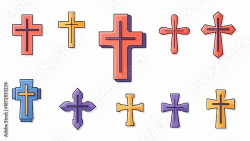 Assorted religious cross icons in various colors and styles