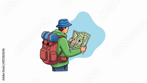 Adventurer with backpack consults a folded map, planning expedition