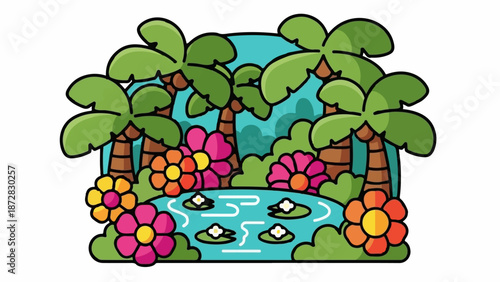 A vibrant tropical scene with palm trees, colorful flowers, and lily pads on water
