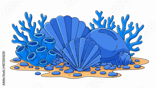 Blue shells and coral on sandy seabed