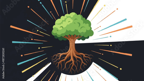 A vibrant tree with exposed roots radiates lines of color against a dark background