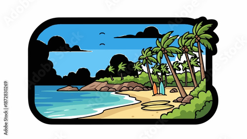 A vibrant tropical beach scene with palm trees, surfboards, and a rocky shoreline under a blue sky