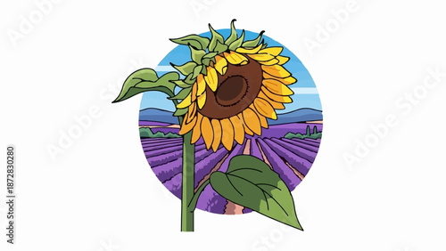 A vibrant sunflower stands tall over a picturesque lavender field under a bright blue sky with distant mountains