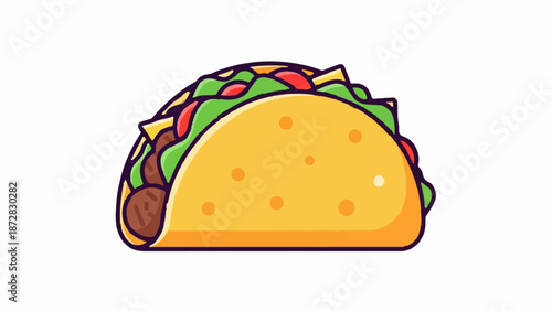 A vibrant, stylized taco illustration with a golden shell filled with hearty meat, crisp lettuce, juicy tomatoes, and cheese