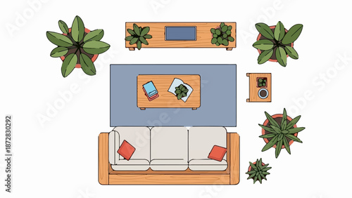 Aerial view of a modern living room with a sofa, tables, and plants