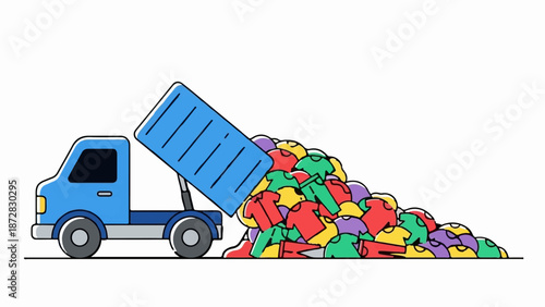 Blue truck dumping pile of colorful clothes onto the ground