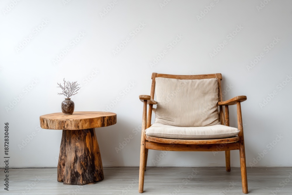 Fototapeta premium Wooden chair and table with rustic natural decor sit against a white wall.