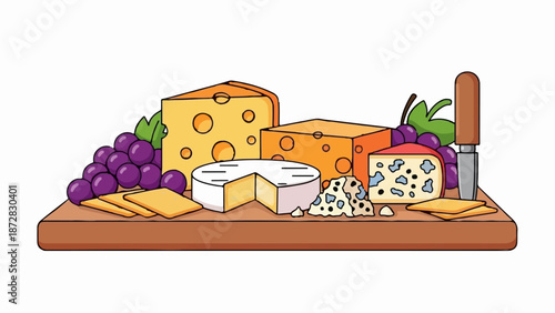 Assortment of cheese, grapes, and crackers on a wooden board with a knife