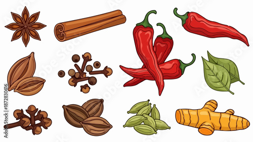 Assortment of colorful and aromatic culinary spices and herbs